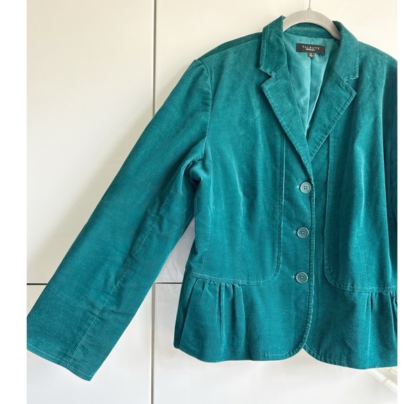 Talbots Emerald Teal Green Grace Corduroy Peplum Blazer Jacket Size 18 - Picture 2 of 7